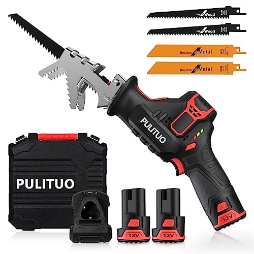 Image of PULITUO Reciprocating Saw - Cordless with Clamping Jaw, 2x2000mAh Batteries, 0-3000RPM Variable Speed, 1 Hour Fast Charger, 4 Saw Blades for Wood & Metal
