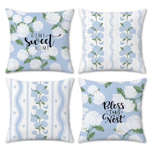 Image of Bonhause Hydrangea Floral Cushion Covers 45 x 45 cm Blue Vintage Flower Decorative Throw Pillow Covers Soft Velvet Farmhouse Pillowcases for Sofa Couch Bed Home Patio Spring Decor Set of 4