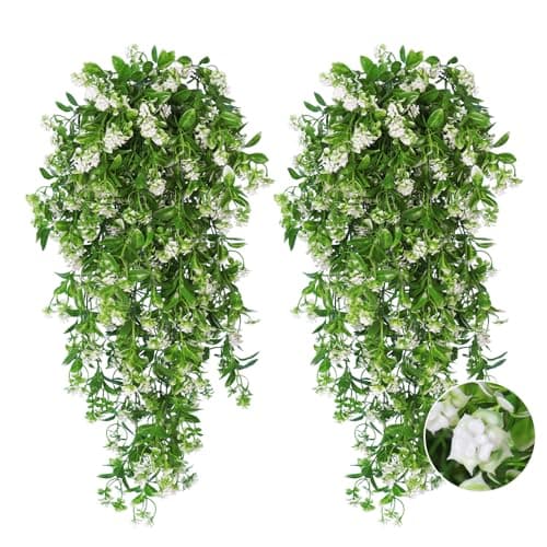 Image of RECUTMS 2Pcs Artificial Hanging Flowers for Outdoors Fake Hanging Plants Artificial Trailing Plastic Plants for Hanging Basket Faux White Flowers Indoor Home Garden Wedding Party Decorations(White)