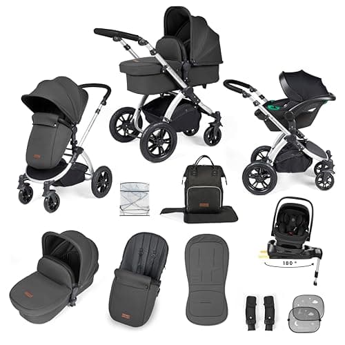 Image of Ickle Bubba Stomp Luxe 12pc 3 in 1 Travel System with Nimbus i-Size Car Seat & ISOFIX Base, Baby Pram Pushchair with Carrycot, Birth to 22kg, Charcoal Grey/Black, Silver Chassis
