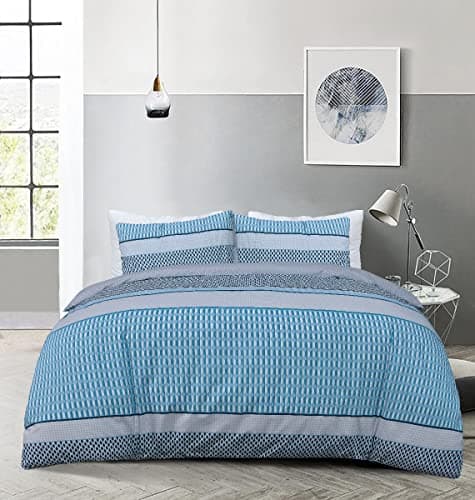 Image of Sleepdown Stripe Geo Abstract Blue Grey Reversible Duvet Cover Quilt Pillow Cases Bedding Set Soft Easy Care - Double (200cm x 200cm)