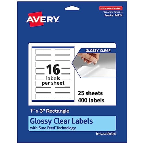 Image of Avery Glossy Clear Rectangle Labels with Sure Feed, 1" x 3", 400 Glossy Clear Labels, Print-to-The-Edge, Laser/Inkjet Printable Labels