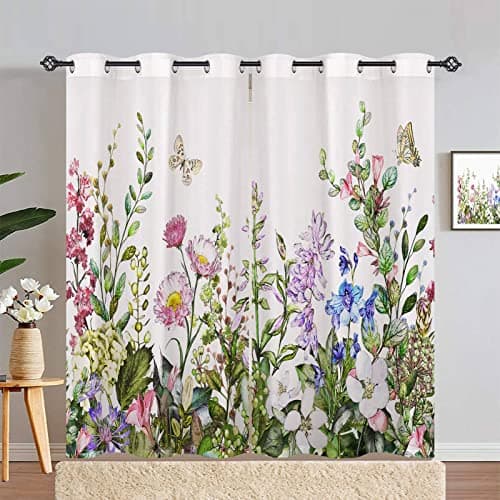 Image of ANHOPE Floral Curtains Eyelet Soft Thermal Insulated Blackout Curtains Watercolor Botanical Flower Butterfly Print Pattern Ring Top Window Drapes for Bedroom Living Room 46 x 72 Inch Drop 2 Panels