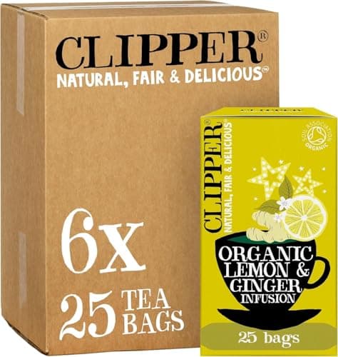 Image of Clipper Organic Lemon & Ginger Tea Bags | 150 Teabag Sachets (6x Boxes of 25) | Bulk Buy, Home & Catering | Caffeine-Free Herbal Tea Bags | Eco-Conscious, Natural, Unbleached & Biodegradable