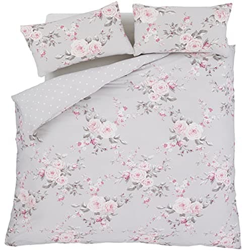 Image of Catherine Lansfield Canterbury Floral Reversible Quilted 240x260cm Bedspread Grey