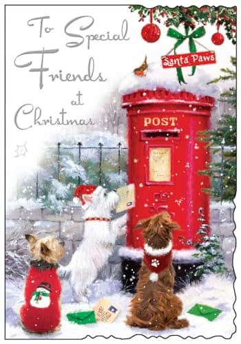 Image of Special Friends Christmas Card - Dogs and Post Box in the Snow - Artistic Festive Design - Special Finishes and Illustrated Insert Leaf - Made in the UK