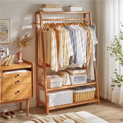 Image of unho Bamboo Clothes Rail Rack: Free Standing Garment Rack with 3 Storage Shelves 10 Hooks Open Wardrobe Organizer for Clothes Shoes Hats Bags in Entryway Bedroom Living Room
