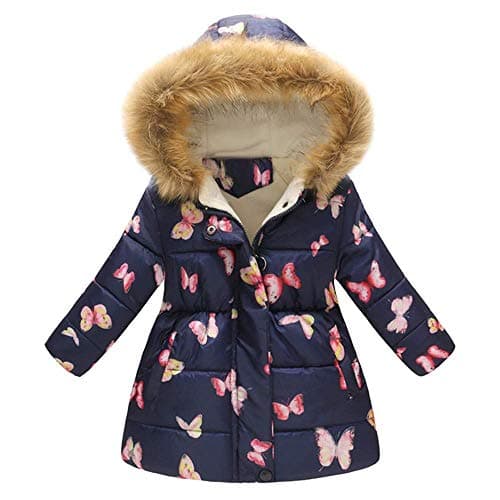 Image of ShangSRS Kid Girls Hooded Coats Trench Winter Padded Jackets Faux Fur Trim Hoodie Overcoat Floral Butterfly Print Thick Warm Outwear (110, B)
