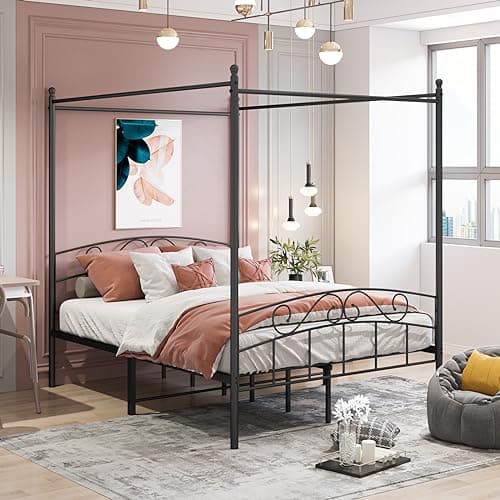 Image of Panana Metal Canopy Bed Frame Double Size 4 Poster Platform Bed with Headboard&Footboard Home Modern Bedroom Furniture(Black)