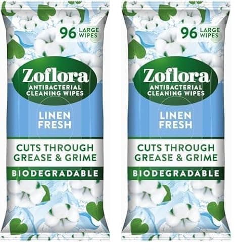 Image of Zoflora Linen Fresh Antibacterial Biodegradable Wipes, 1 x 96 Wipes, Multi-Surface Cleaning Wipes, Kills 99.9% of Bacteria & Viruses, Fresh Laundry Scent (Pack of 2)