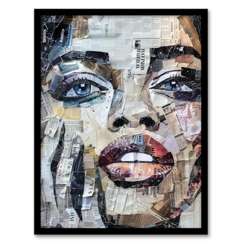Image of Artery8 Woman Face Newspaper Collage Portrait For Living Room Art Print Framed Poster Wall Decor 12x16 inch