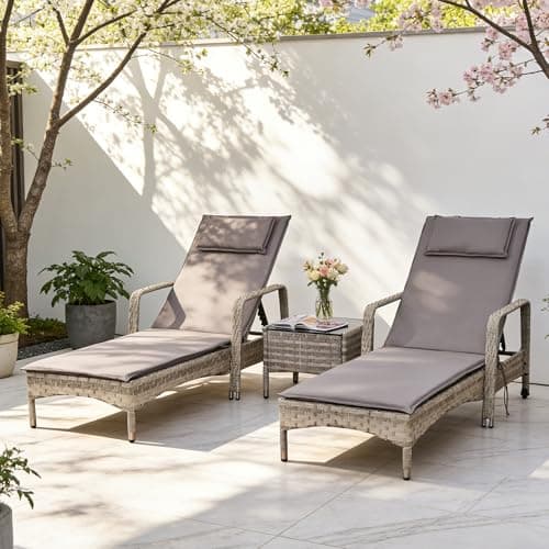 Image of Aweather 3 Pieces Outdoor Garden Furniture Set, Rattan Patio Sun Loungers 2 Chaise Lounges with 5 Reclining Positions & Glass Coffee Table, Weather-Resistant Wicker for Garden, Balcony, Poolside