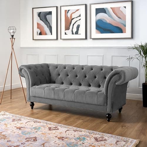Image of Bravich Chesterfield Velvet Sofa, Grey 3 Seater Sofa for Living Room Furniture, Classic Button Back Settee with Rolled Arms, Solid Wood Frame, 195cm x 58cm x 82cm