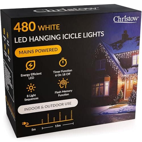 Image of CHRISTOW Hanging Icicle Christmas Lights, 480 White LED, 15m Lit Length, Indoor & Outdoor, Mains Powered with Timer, 8 Flash Lighting Modes with Memory, Fairy String Light Xmas Decorations