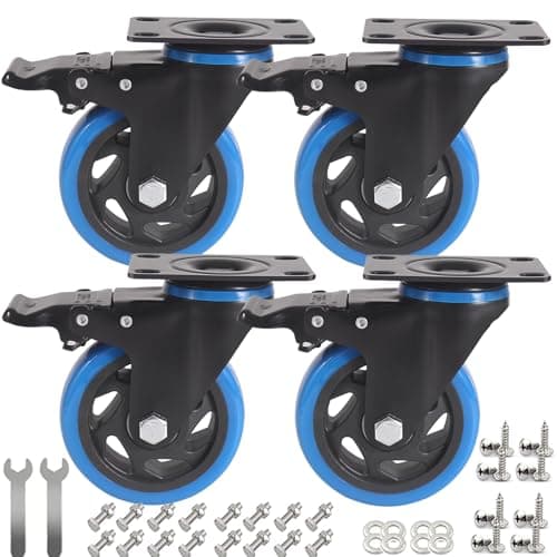 Image of IQWTU 100MM Furniture Castors Heavy Duty Castor Wheels with Brakes, Double Bearing PU Trolley Wheels Rubber Swivel Casters, 4 Industrial Plate Casters Capacity 600KG