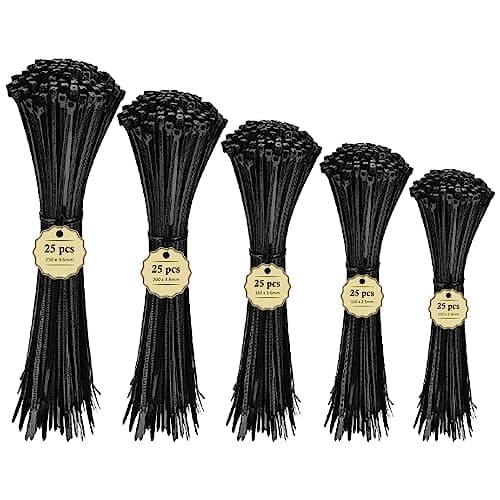 Image of Aunly Pack of 125 5 Sizes Cable Ties, Plastic Nylon Zip Self Locking Tie Wraps for Home Office Garden Garage Workshop (2.5mm x 100mm, 2.5mm 150mm, 3.6mm 200mm, 250mm), Black