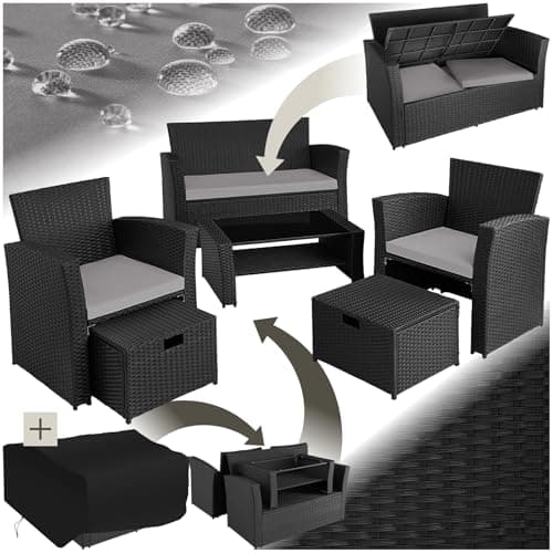 Image of TecTake® Rattan Garden Furniture, with 1 Sofa, 1 Table and 2 Chairs with 2 stools, Patio Furniture Includes Garden Storage Box and Protective Cover, Ideal for Garden, Conservatory, patio - black/grey