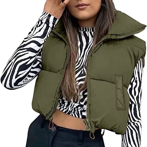 Image of FeMereina Women 's Lightweight Puffer Vest Stand Collar Zip Up Sleeveless Reversible Padded Winter Crop Vest Gilet (Army Green#1, L)