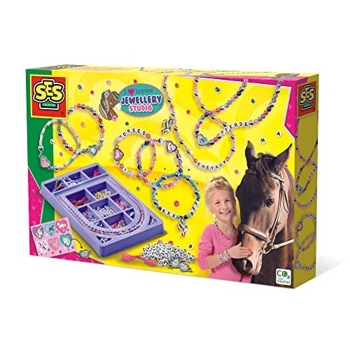 Image of SES Creative I Love Horses Jewellery Studio Set, Beads, Elastic, Cord, Letter Beads and Horse Charms, Makes Necklaces and Bracelets, Includes Sorting Tray, Arts and Crafts for Kids