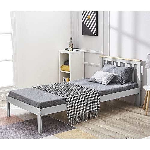 Image of Panana Single bed in Grey/Natural, Wooden Bed Frame with headboard, Solid Wood 3ft Bed Frame, 90x190cm (Grey + Natural)
