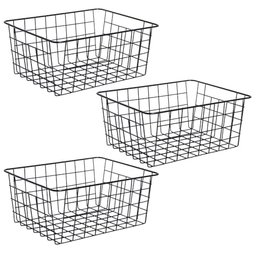 Image of OHS 3 Pack Wire Basket Storage, Small Metal Kitchen Storage Baskets Wire Freezer Organiser Bin Vegetable Baskets for kitchens Pantry Bathroom Cupboards, Black