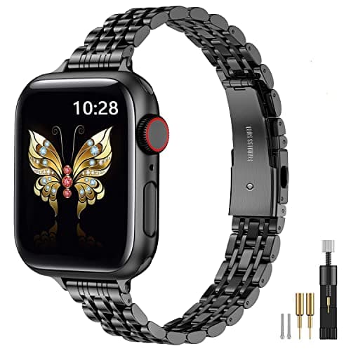 Image of MioHHR Slim Straps Compatible with Apple Watch Strap 38mm 40mm 41mm 42mm(Series 11/10),Thin Stainless Steel Metal Chain Band for Women iWatch Straps Series 9 8 7 6 5 4 3 2 1 SE,Black