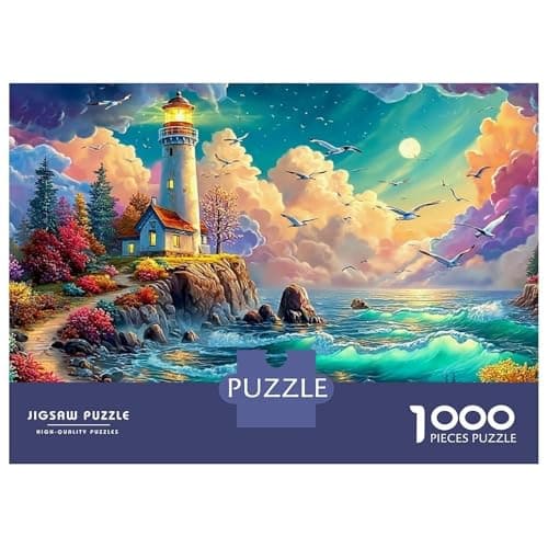Image of Lighthouse over Stormy Ocean Waves 1000-Piece Jigsaw Puzzle Coastal Lighthouse Family Game Night Essential, Adults & Kids 52x38cm/1000pcs