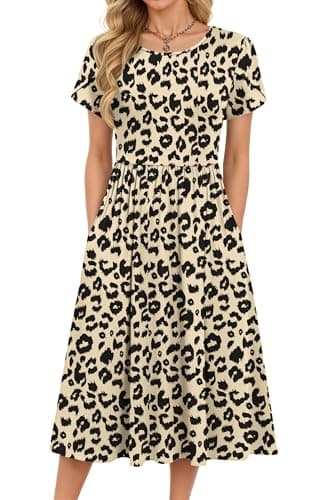 Image of MOLERANI Women's Dresses - Petal Short Sleeve Round Neck Casual Dresses Ladies Casual Swing Midi Dress Holiday Beach Dress with Pockets Leopard M