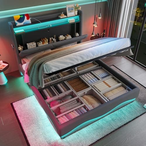 Image of QQU King Size Upholstered Bed Frame with Headboard Storage & Shelf, Storage Bed Frame with LED Lighting, USB Type-C Charging, Hydraulic Storage, No Mattress, 150 x 200cm, Dark Grey