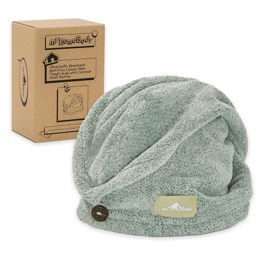 Image of myHomeBody Hair Towel Wrap, Luxury Rapid-Dry Hair-Drying Turban, Ultra Soft and Quick Drying Absorbent Charcoal Fiber, with Coconut Shell Button – Pine Green