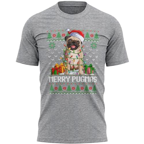 Image of Merry Pugmas Mens Christmas T Shirt Festive Pug Tee Xmas Trees Top Canine, 3XL, Sport Grey