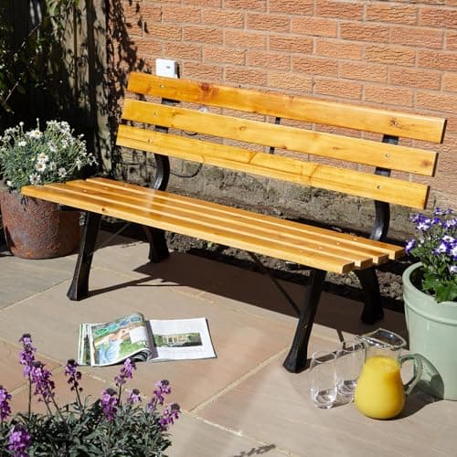 Image of Home Source Garden Bench Wooden Seating with Iron Frame Patio Chair, 2 Seater, Natural