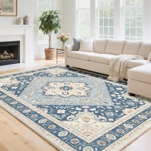 Image of HiChiclife Blue Persian Rug 160x230 cm – Extra Large Vintage Oriental Carpet for Lounge or Dining Room – Soft Printed Non Slip Area Rug