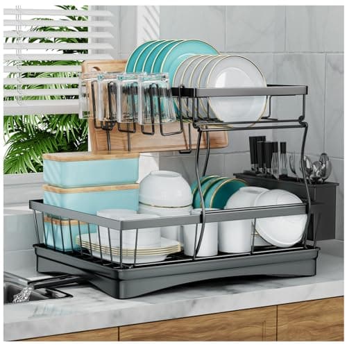 Image of 7 code Large Dish Drying Rack for Kitchen Counter,Detachable Large Capacity Dish Drainer Organizer with Utensil Holder,2-Tier Dish Drying Rack with Drain Board,Black