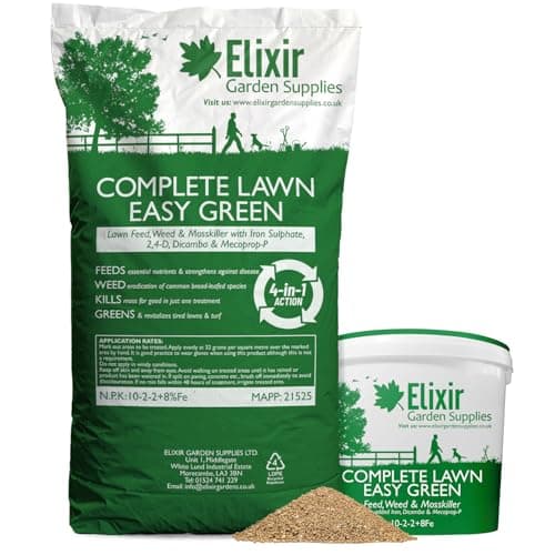 Image of Elixir Gardens UK COMPLETE LAWN Weed, Feed & Mosskiller 10-2-2+8Fe | 4-in-1 Turf & Grass Fertiliser/Feed with Added Iron, Dicamba & Mecoprop-P | 640 Square Meters Coverage | 20kg Bag
