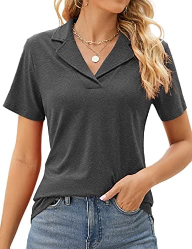 Image of Rapbin Women Polo Shirt Classic Collared V Neck Short Sleeve Summer Tops Business Casual Golf Polos Tunic Elegant Blouse 2026 (Grey, 18-20)