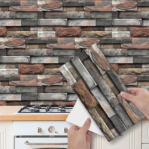 Image of 12 Sheets Brick Effect Tile Stickers, Peel and Stick on Wall Tiles for Bathroom Kitchen, Vinyl Self Adhesive Wall Tile Covers Transfers Waterproof (15cm x 30cm, 5.9x11.8 inches)