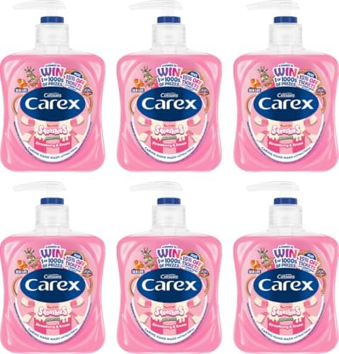 Image of Carex Fun Editions Squashies Strawberry & Cream Hand Wash Pack of 6, Antibacterial Hand Soap with Edition Swizzles Love Hearts Fragrance, Soap That Cleans, Cares and Protects, 6 x 250ml