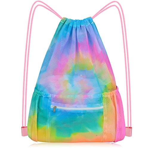 Image of Mesh Drawstring Bag with Zipper Pocket, Beach Bag for Swimming Gear Backpack Gym Storage Bag for Adult Kids