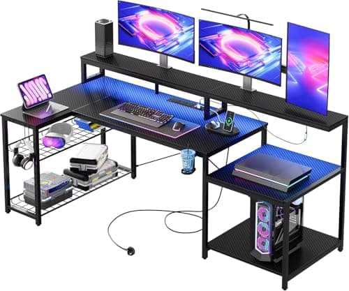 Image of Bestier 181CM L-Shaped Gaming Desk with RGB LED Lights, Power Outlets, USB Ports, Carbon Fibre Surface, Monitor Stand, Storage Shelf, Cup Holder & Headset Hook
