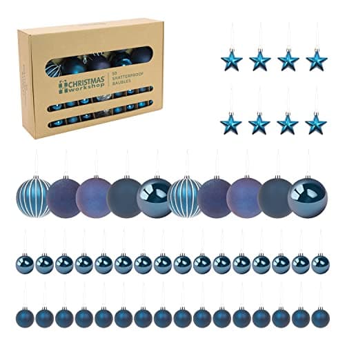 Image of The Christmas Workshop Set of 50 Shatterproof Textured Baubles/Elegant Festive Designs/Christmas Tree Decorations with Hanging String/Various Sizes and Styles (Navy)