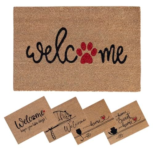 Image of SPOTTED DOG GIFT COMPANY Door Mat Indoor Outdoor Welcome Paw Print Coir Doormat for Inside Outside Front Door Entrance Mats 60x40cm, Non Slip Cat Dog Themed Home Decor Gift for Cat and Dog Lovers