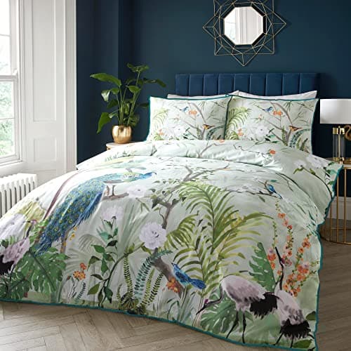 Image of SOIREE Jungle Peacock Duvet Cover Set – Double Size 200 x 200cm – Cotton Sateen – Tropical Birds & Animals – Piped Edge – Reversible – 2 Pillowcases – Luxury Green Bedding