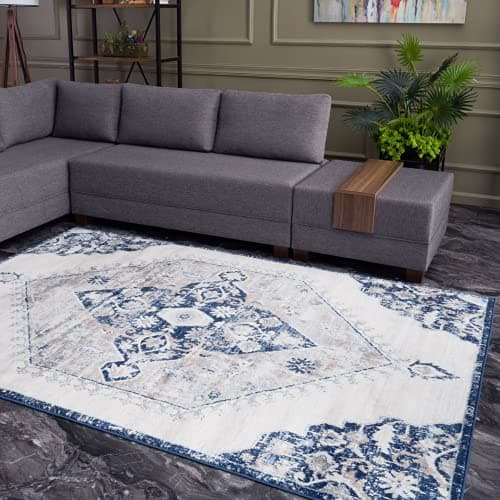 Image of THE RUGS AREA RUG LIVING ROOM BEDROOM LARGE SMALL VINTAGE SOFT SHORT PILE BORDERED CLASSIC ORIENTAL DESIGN TRADITIONAL PERSIAN MOROCCAN BOHO CARPET- LARGE 160X230 CM, NAVY VINTAGE DESIGN