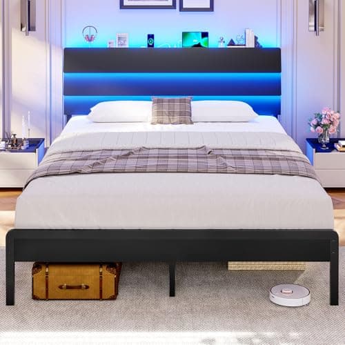 Image of Double Bed Frame 135 x 190 cm with 3 LED Lights, Headboard with Sockets, 4FT6 Double Metal Bed Frame with Open Shelf, Solid and Stable, Noise Free, No Box Spring Required, Easy Assembly, Black