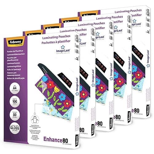 Image of Fellowes A4 Laminating Pouches - Gloss Finish - 500 Sheets (5x100 Sheets), 160 Micron (2x80) Clean & Durable Lamination Pouch with ImageLast Directional Mark - Ideal for Photos and Notices