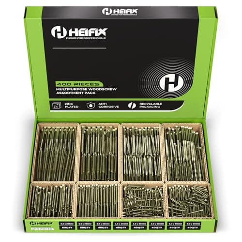 Image of Heifix 400-Piece Wood Screw Assortment Set in Eco Storage Box - FREE Screw Bit Included - Double Countersunk, Pozi, Yellow Zinc, Heavy Duty - For DIY, Floorboard, Wood Fences