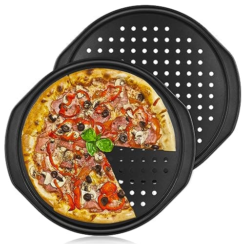 Image of LOLYSIC 2 Pcs 14 Inch Pizza Trays for Oven Non Stick Pizza Pans Round Perforated Pizza Oven Trays Carbon Steel Baking Tray with Handle, Black