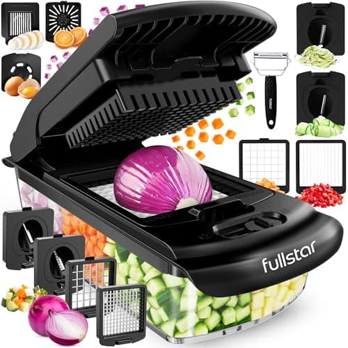 Image of Fullstar Vegetable Chopper & Cutter - Slicer Dicer Spiralizer with Container for Food Veg Onion Cucumber Tomato Salad Potato French Fry - Kitchen Gadgets & Accessories (PRO 9-in-1, Black)