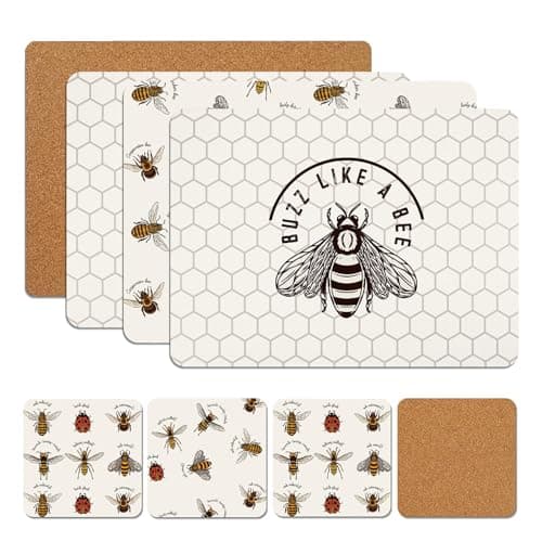 Image of Placemats & Coasters Set Heat Resistant Cork Placemats Table Mats For Dining Kitchen Place Mats Set of 8 - Ideal Table Christmas Decorations 21.5 x 29cm (Bumble Bees - 2)
